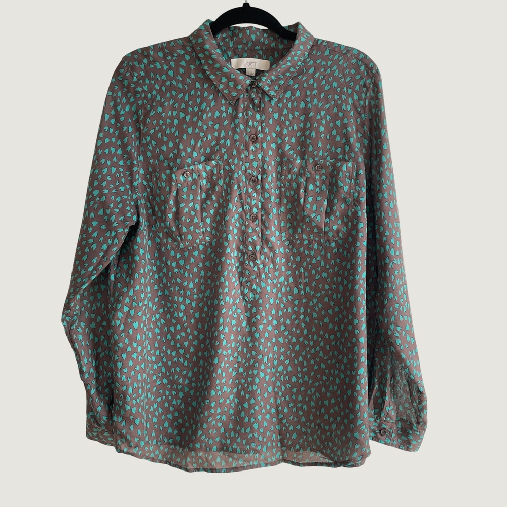 LOFT Blouse Brown Teal Heart Print Long Sleeve Button Pullover Office Sz XL